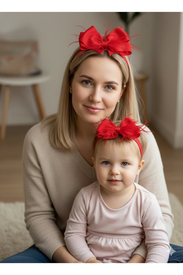 Red Feather Ribbon Bow Mother Baby Maternity Crown Set (New Year Concept Crowns)