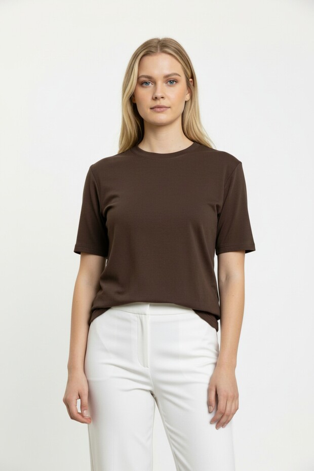 Women's Brown Basic T-Shirt - Soft Textured Modal Fabric Comfort Fit Round Neck