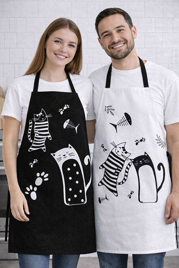 Ays Home Black and White Cat 2-Piece Adult Kitchen Bib Set