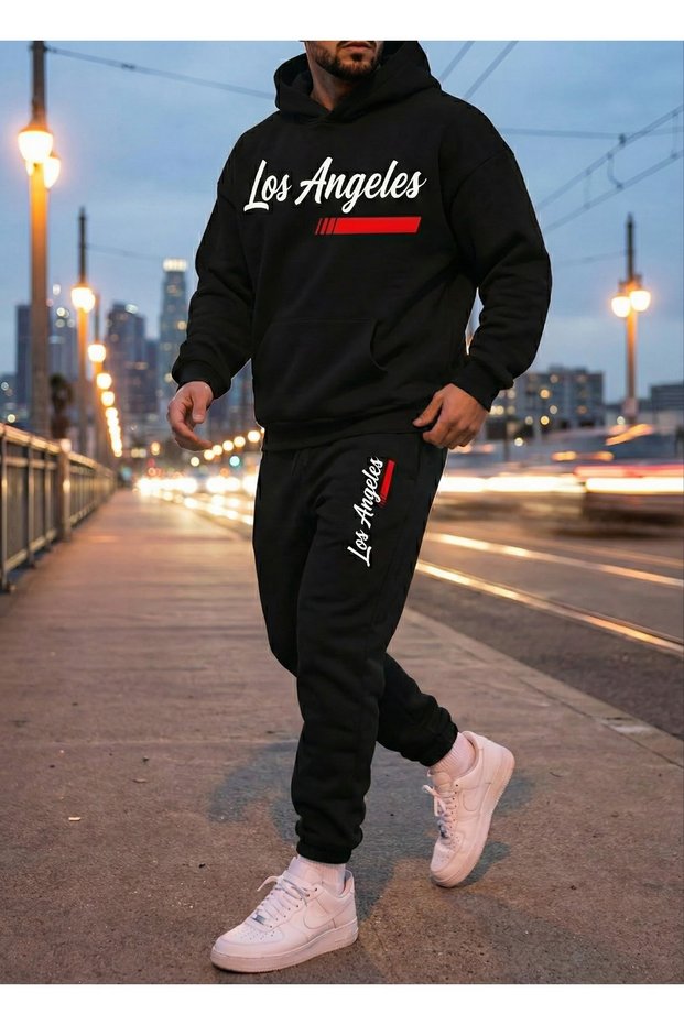 Los Angeles Red Stripes Men's Printed Top and Bottom Tracksuit Set with Hood