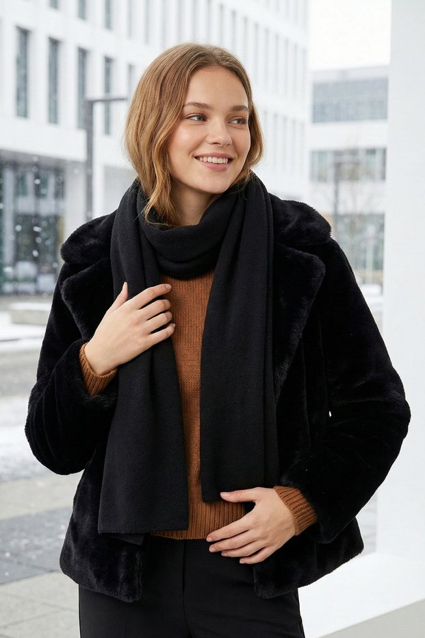 Unisex Black Fleece Scarf Shawl Kaşkol 40X 170 cm