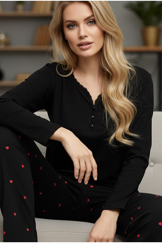Black Patterned Button Detailed Knitted Cotton Pajama Set25240193