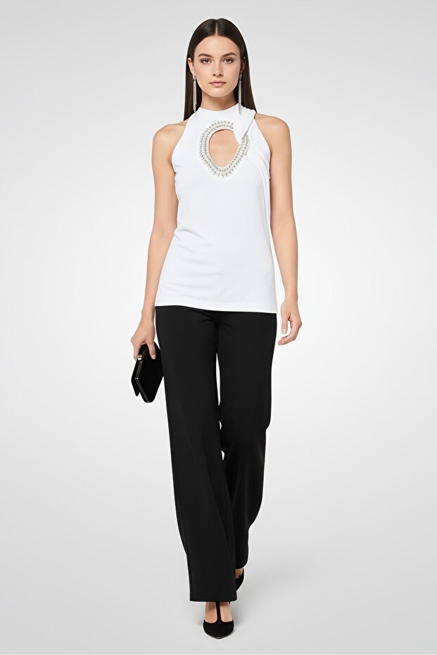 Women Crew Neck Sleeveless Embellished Top, Off White