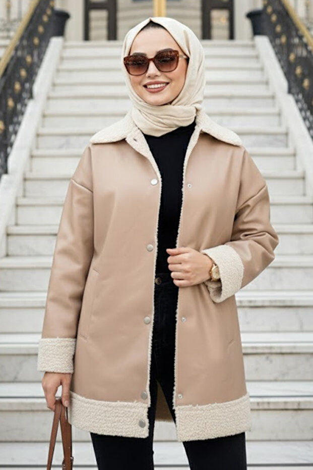 Fur Detailed Beige Hijab Leather Jacket 9310BEIGE
