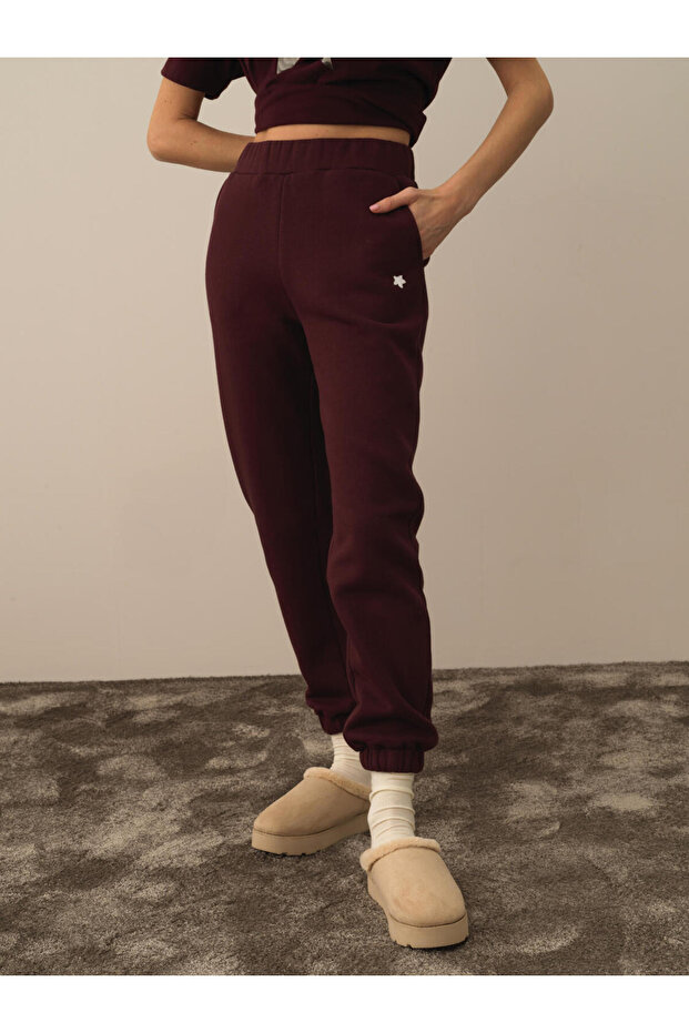 Kadın Bordo Basic Sweat Pantolon - 1