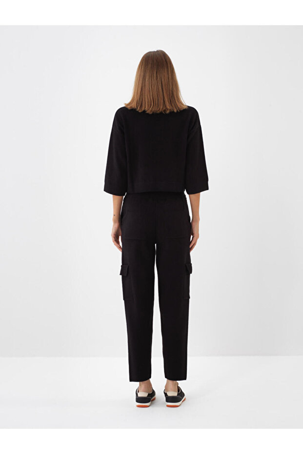 Kadın Siyah Yünlü Basic Düz Kazak - 3