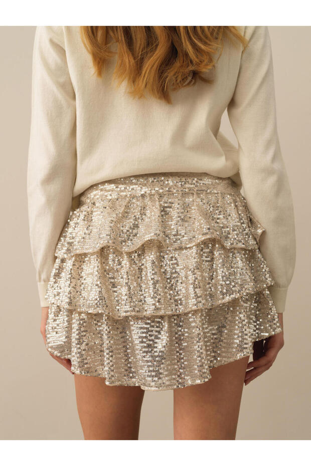 Kadın Bej Regular Fit Pullu Şortlu Etek - 3