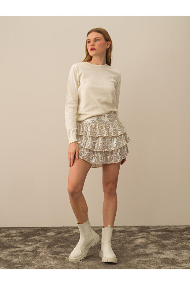 Kadın Bej Regular Fit Pullu Şortlu Etek - 5