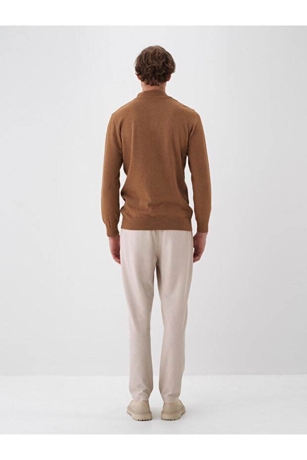 Erkek Camel Yünlü Dik Yaka Basic Kazak - 4