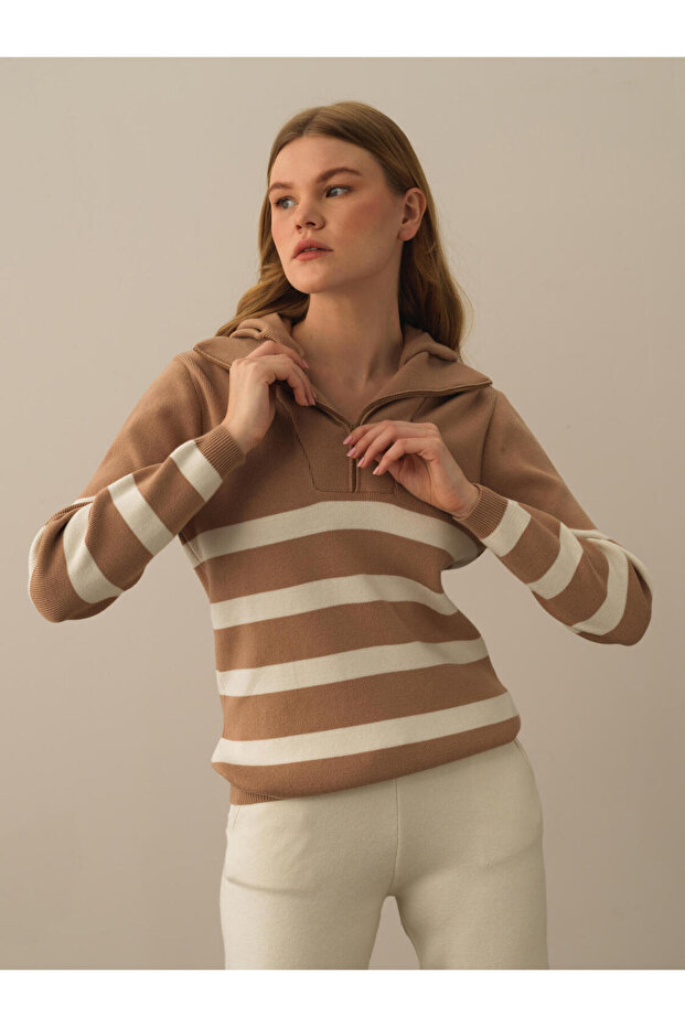 Kadın Camel Oversize Kapüşonlu Kazak - 1