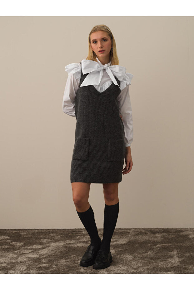 Kadın Gri Oversize Triko Elbise - 4