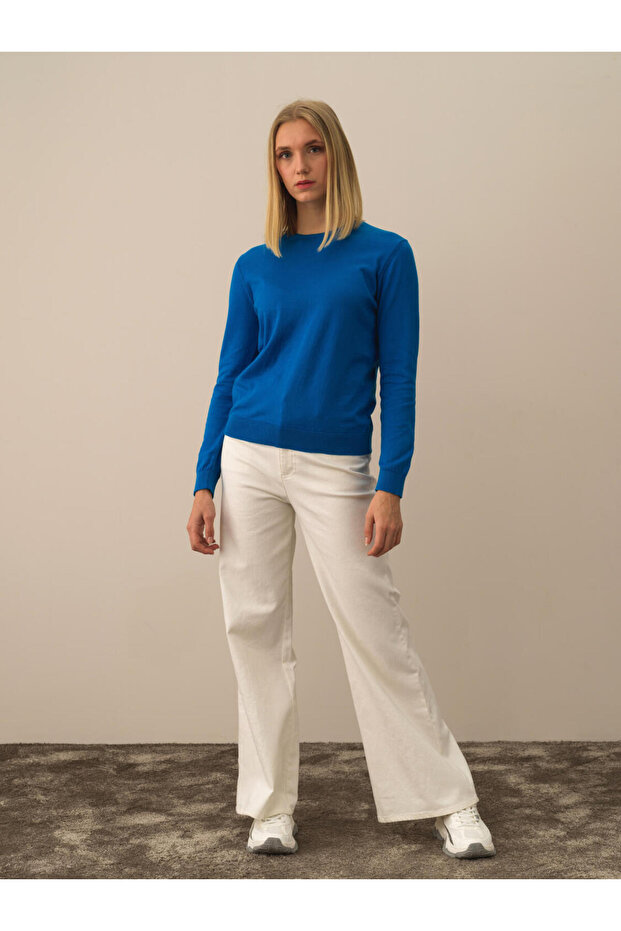 Kadın Mavi Regular Fit Basic Kazak - 4