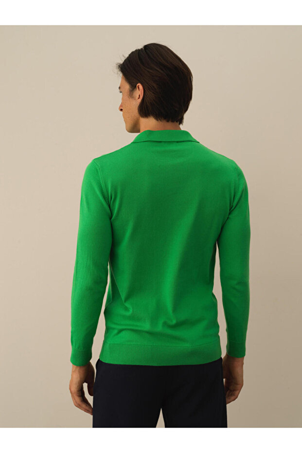 Erkek Yeşil Polo Yaka Regular Fit Basic Kazak - 3