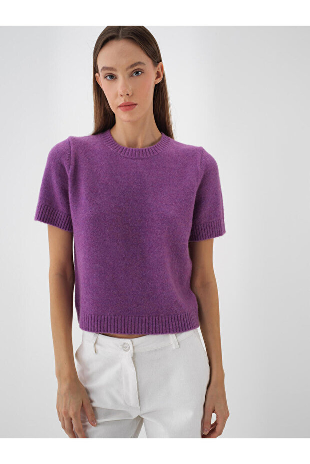 Kadın Mor Mohair Kısa Kol Basic Kazak - 1