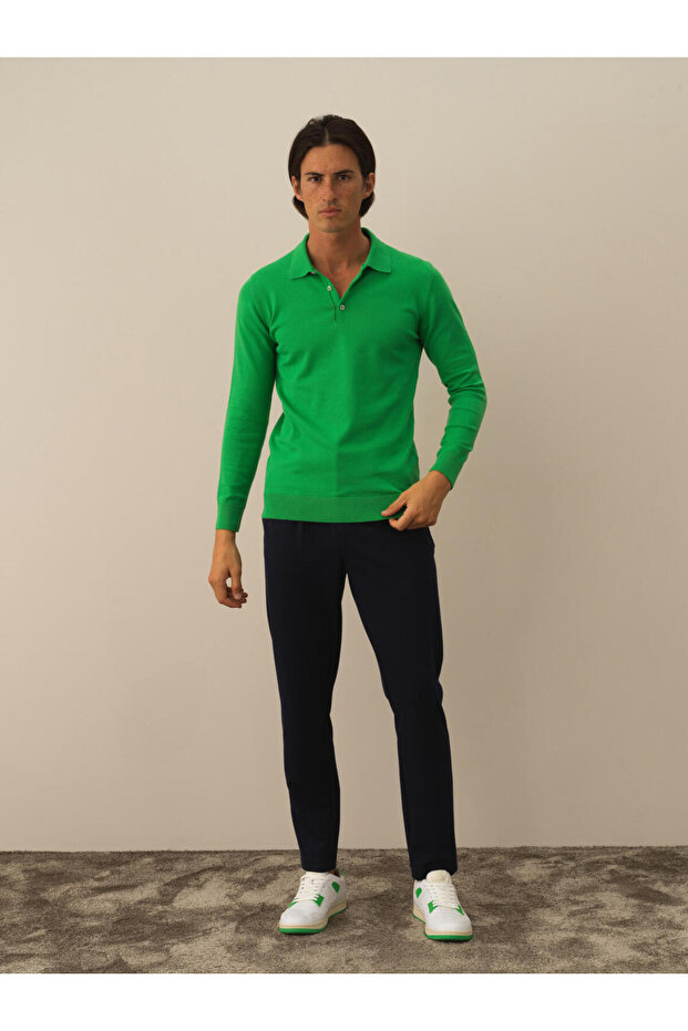 Erkek Yeşil Polo Yaka Regular Fit Basic Kazak - 5