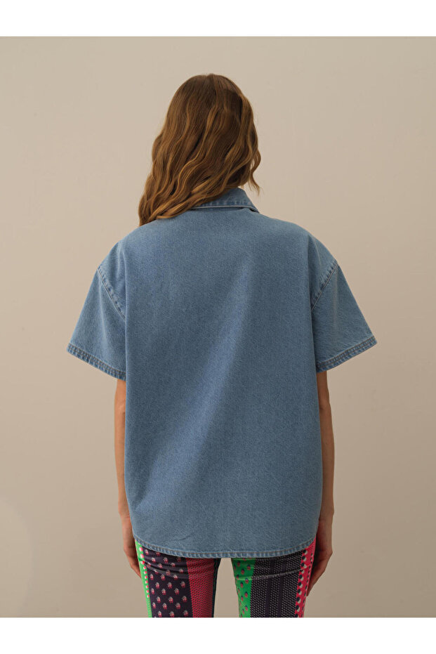 Kadın Mavi Oversize Denim Gömlek - 2