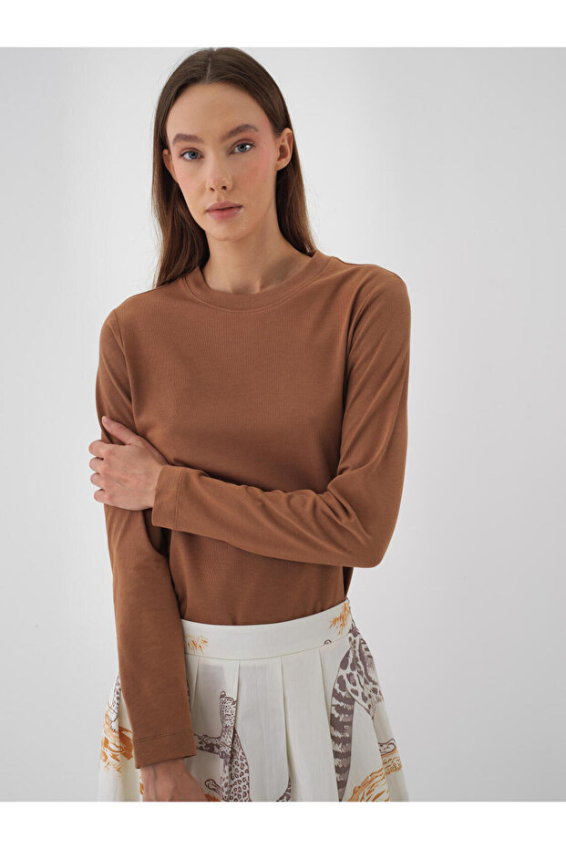 Kadın Camel %100 Pamuk Basic Tişört - 1