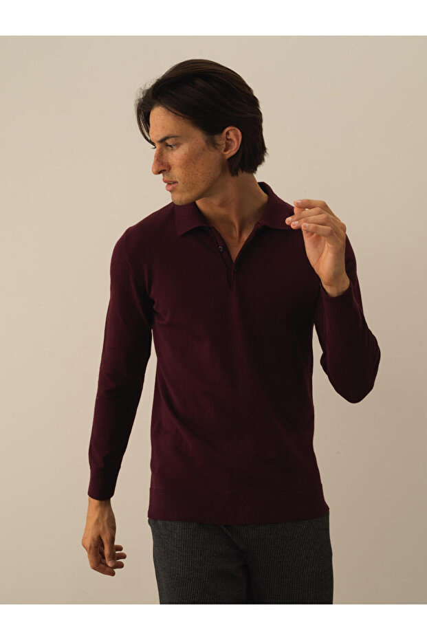 Erkek Bordo Polo Yaka Regular Fit Basic Kazak - 1
