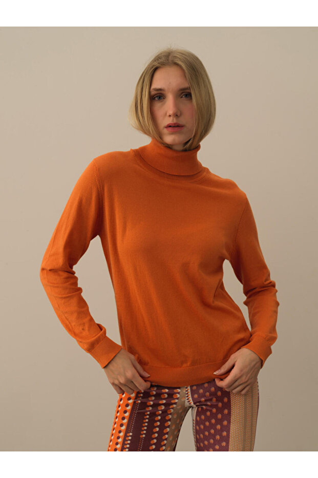 Kadın Turuncu Regular Fit Basic Kazak - 1
