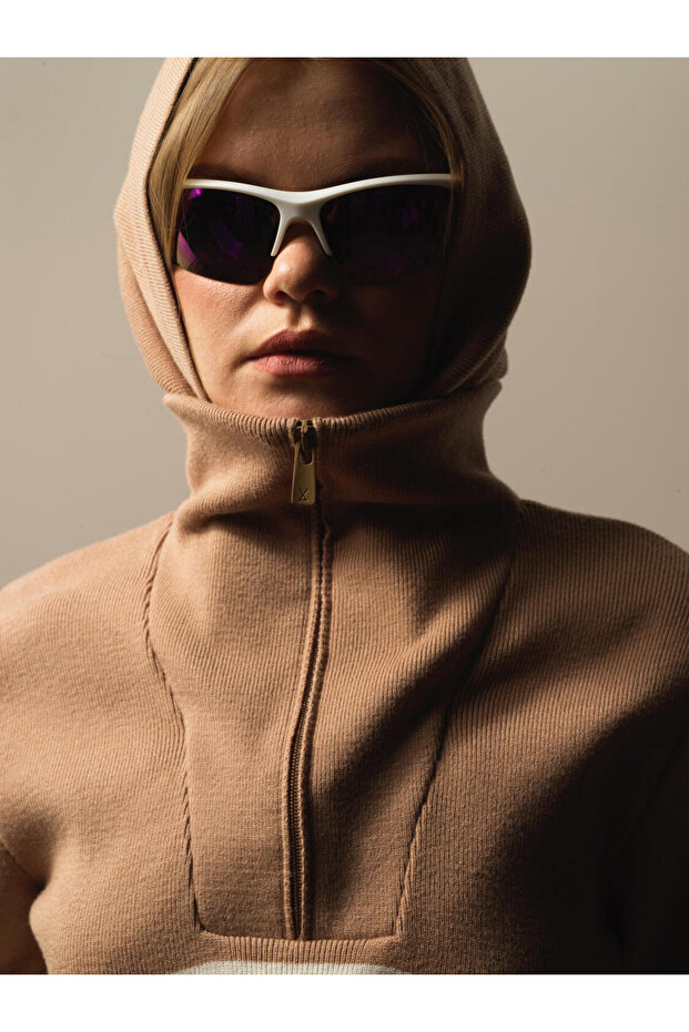 Kadın Camel Oversize Kapüşonlu Kazak - 4