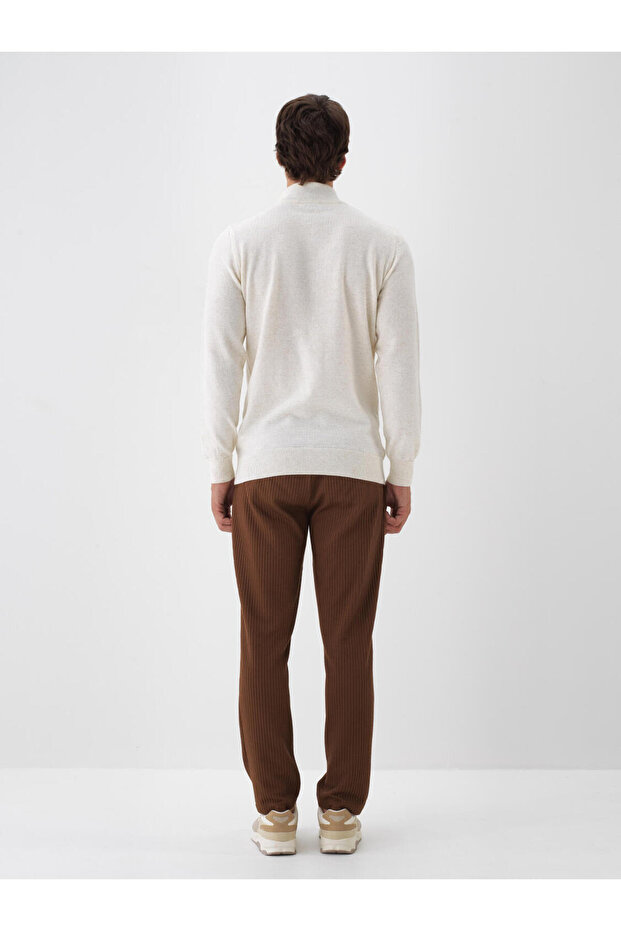 Erkek Ekru Yünlü Dik Yaka Basic Kazak - 4