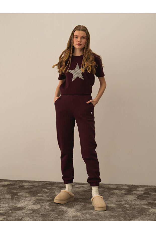 Kadın Bordo Basic Sweat Pantolon - 4