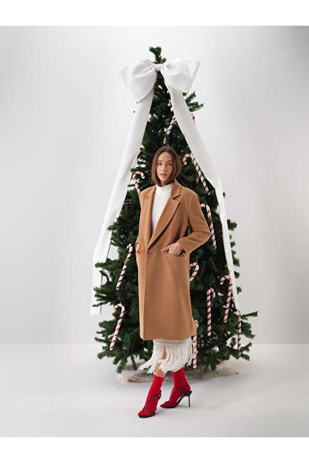 Kadın Camel Düğmeli Oversize Kaban - 4