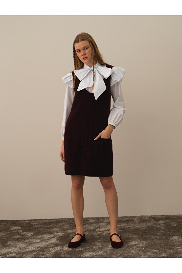 Kadın Bordo Oversize Triko Elbise - 1