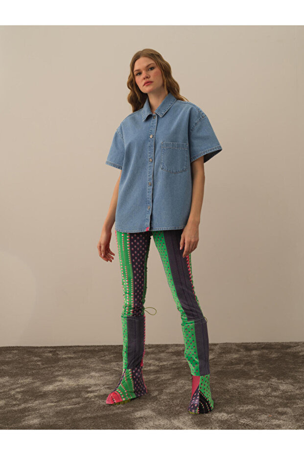 Kadın Mavi Oversize Denim Gömlek - 4