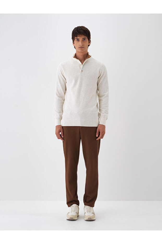 Erkek Ekru Yünlü Dik Yaka Basic Kazak - 5