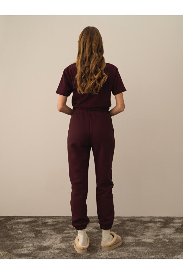 Kadın Bordo Basic Sweat Pantolon - 3