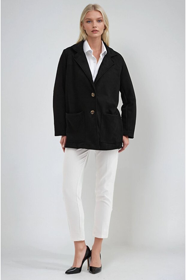 Siyah Düğmeli Basic Süet Blazer Ceket 6174 - 5