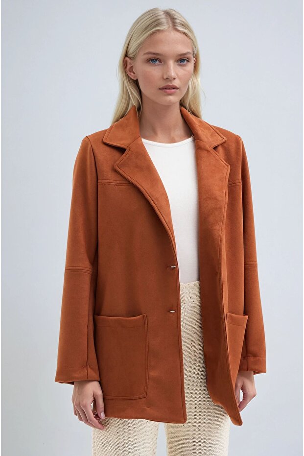Kiremit Düğmeli Basic Süet Blazer Ceket 6174 - 4