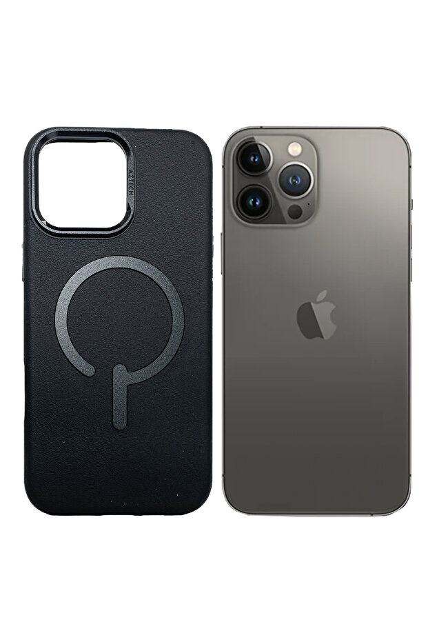iPhone 15 Pro Max Leather Case, MagSafe, Slim Fit, Durable, Metal Buttons, Black