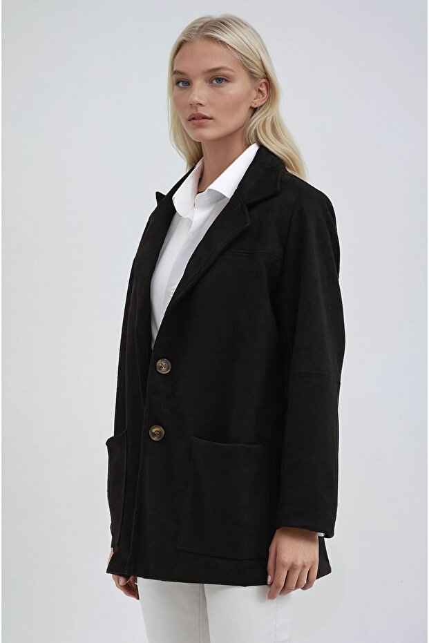Siyah Düğmeli Basic Süet Blazer Ceket 6174 - 2