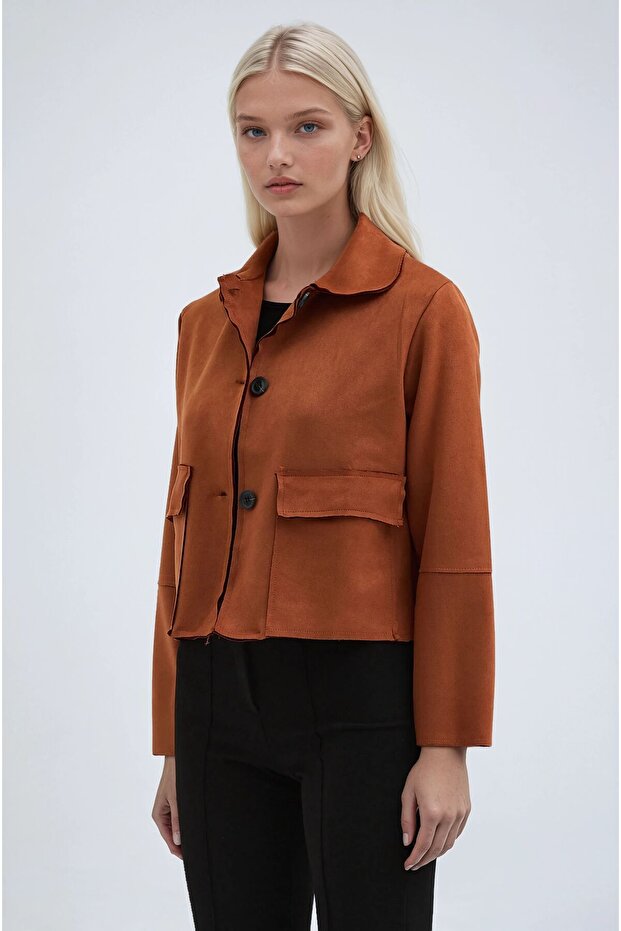 Tile Buttoned Suede Short Basic Jacket 6176 - 3