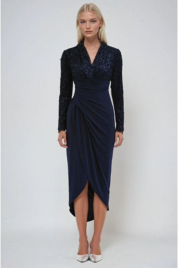 Navy Blue Double-Breasted Collar Sequin Detailed Midi Dress 2950 R2-I-K3