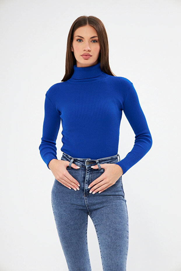 Women's Cobalt Blue Long Sleeve Turtleneck Knitwear Sweater