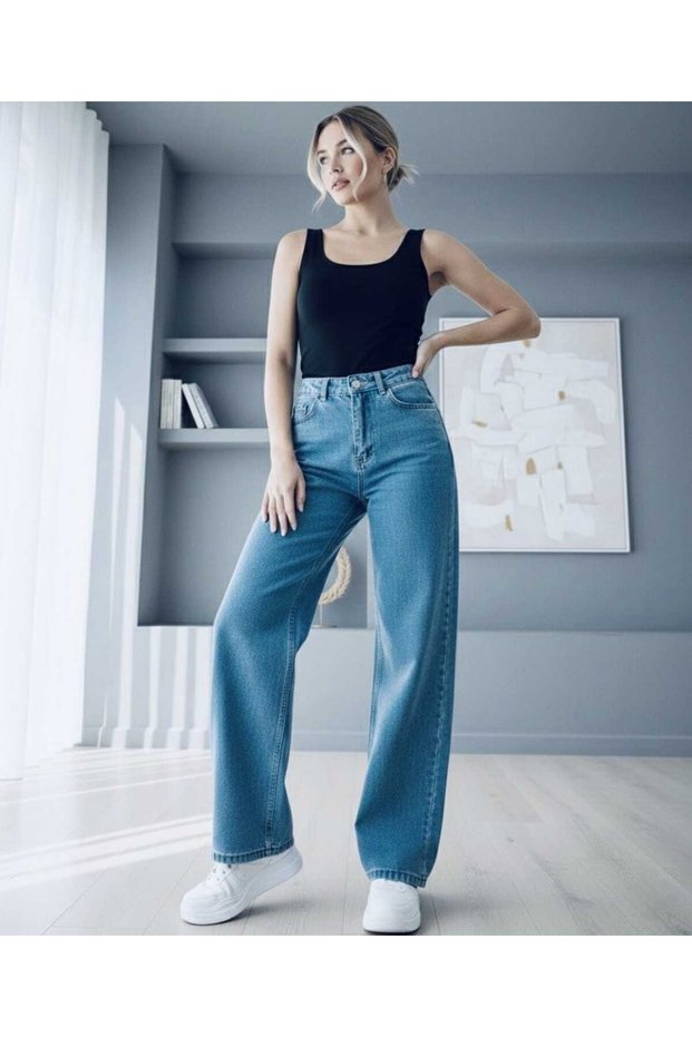 Medium Blue Power Lycra Super High Waist Loose Jeans Palazzo Trousers