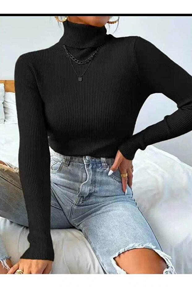Cotton Turtleneck Raster Slimfit High-Top Sweater