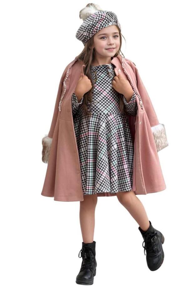 Girls' Houndstooth Pattern Dress Sleeves Plush and Pink Stamp Coat with Pearl Embroidered Belt on the Shoulder