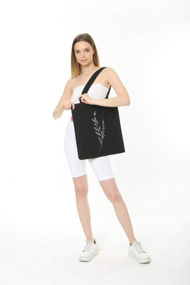 Tek Dal Çiçek Baskılı Siyah Bez Çanta - 4
