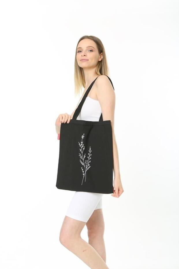 Tek Dal Çiçek Baskılı Siyah Bez Çanta - 7