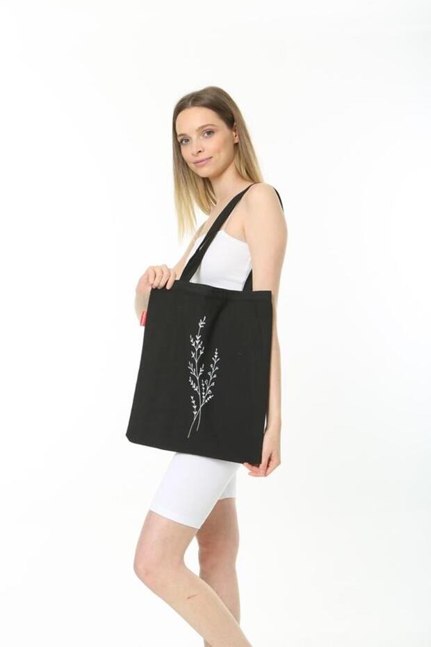 Tek Dal Çiçek Baskılı Siyah Bez Çanta - 8