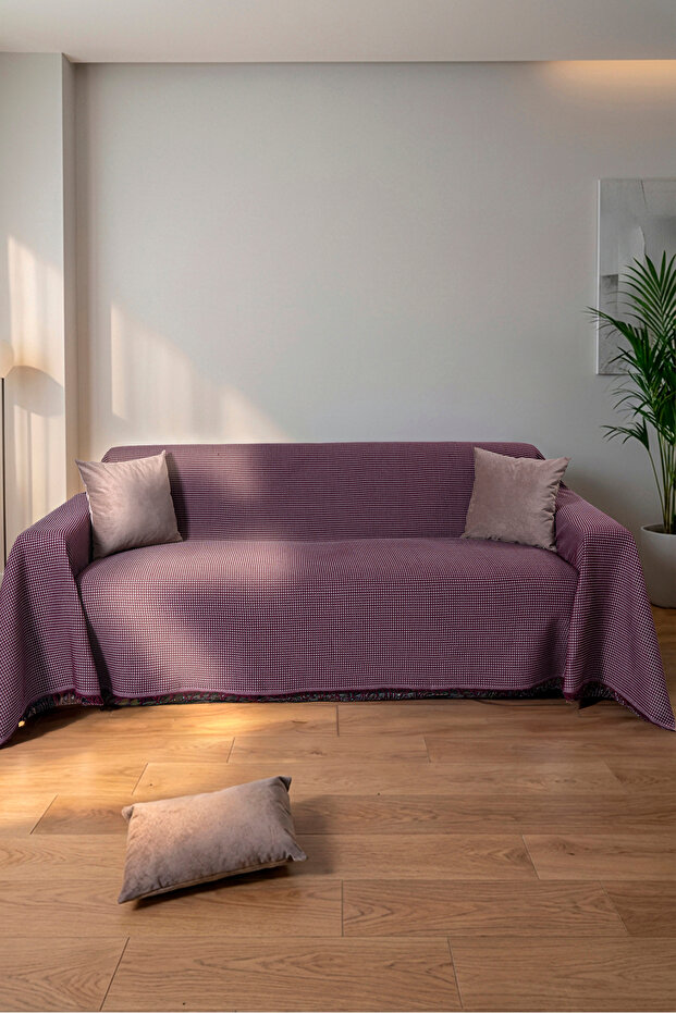Cotton Textured Sofa Shawl 170X350 cm Battal Size – Fringed Tv Blanket & Decorative Sofa Cover