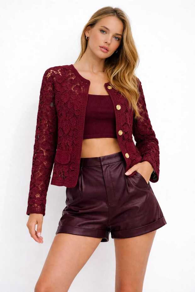 Women's Burgundy Color Standard Size Buttoned Flower Patterned Lace Seasonal Cardigan