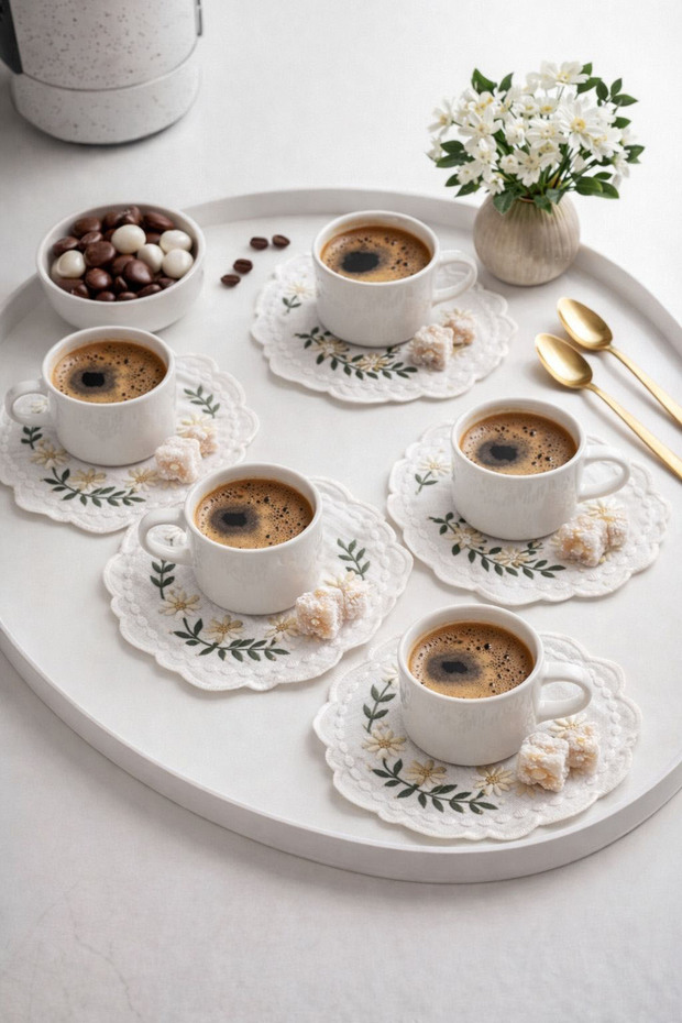 Ecru Presentation Napkin, Cocktail Napkin with Embroidery on the Side of the Coffee, 6 Pieces Fabric Presentation Napkins