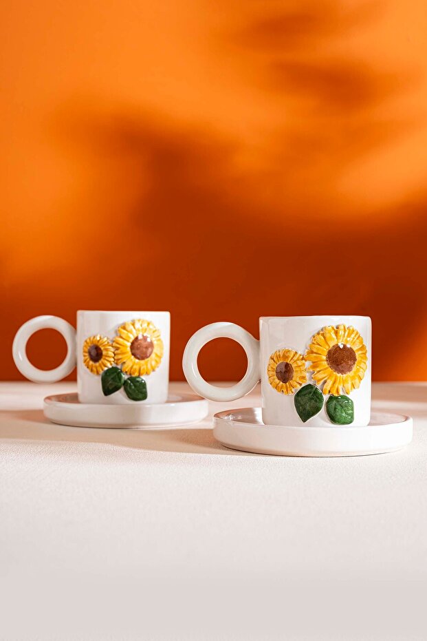 Sunflower Amore Handmade Ceramic Set of Two Turkish Coffee Cups