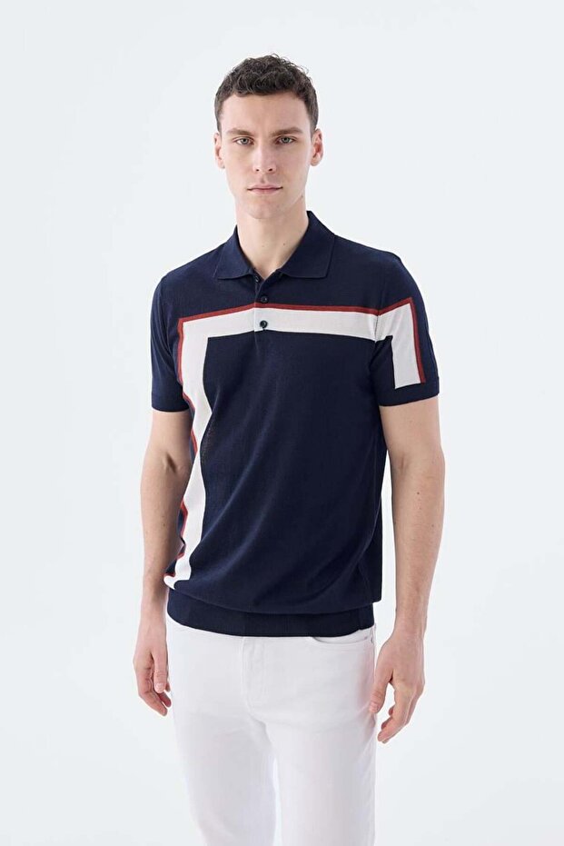Navy Blue Slim Fit Stripe Detailed Polo Neck T-Shirt