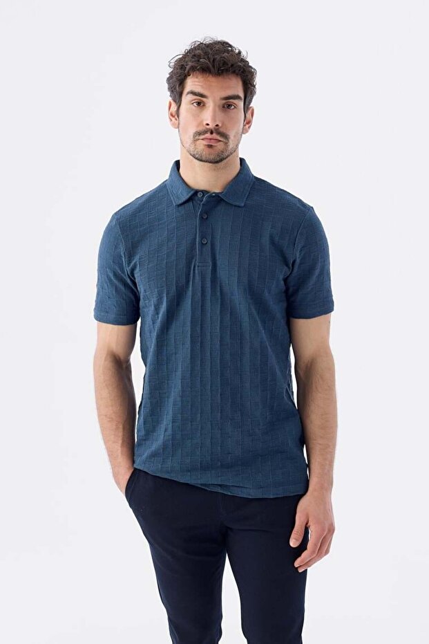 Navy Blue Slim Fit 100% Cotton Polo Neck T-Shirt